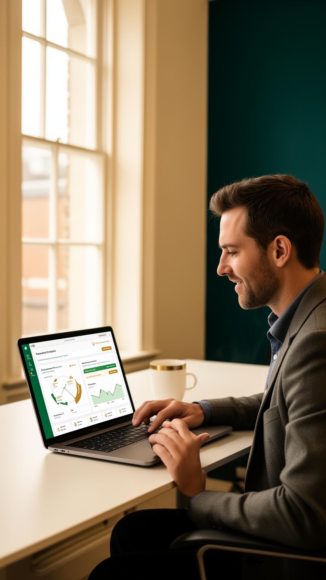 UK SME owner reviewing procurement analytics on a laptop in a modern office